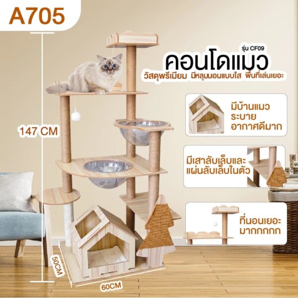 คอนโดแมว คอนโดไม้ วัสดุไม้อย่างดี เกรดพรีเมียม คอนโดปีนป่าย มีเสาลับเล็บ