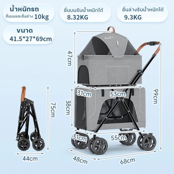รถเข็นสัตว์เลี้ยง 3in1 รถเข็น2ชั้น ถอดแยกเป็นคาร์ซีท พับเก็บได้ รับน้ำหนักได้ชั้นละ 10kg. - Image 3