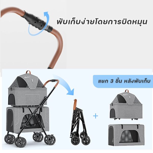 รถเข็นสัตว์เลี้ยง 3in1 รถเข็น2ชั้น ถอดแยกเป็นคาร์ซีท พับเก็บได้ รับน้ำหนักได้ชั้นละ 10kg. - Image 7