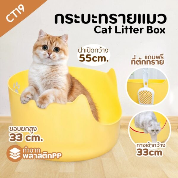กระบะทรายแมว Cat Litter Box ห้องน้ำแมว รุ่นขอบสูง ไม่มีรอยต่อ แถมที่ตักทราย - Image 6